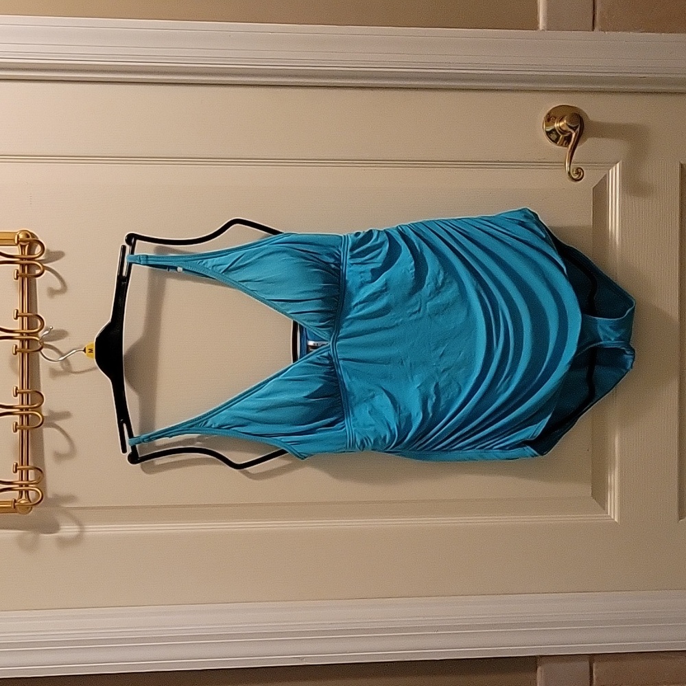 Tommy Bahama aqua one piece swimsuit  padded cups ruched side full cover 12 EUC…